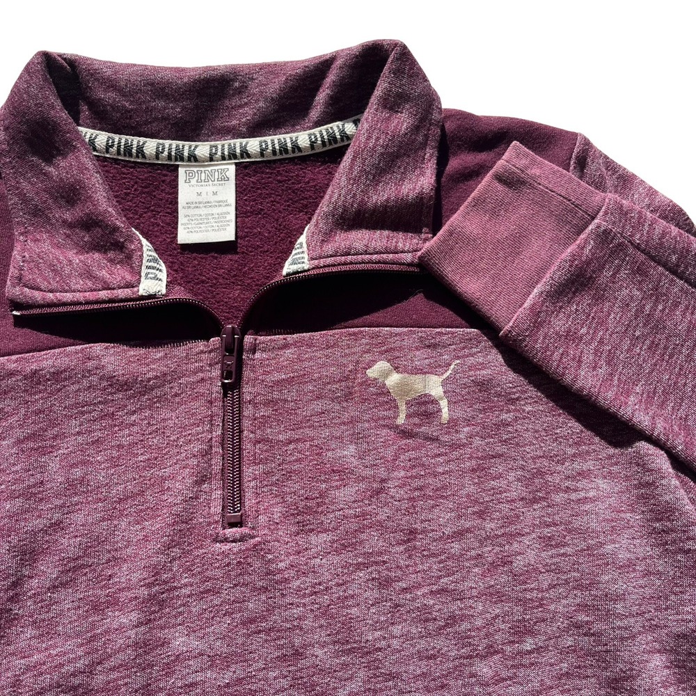 PINK Victorias Secret Women M Maroon Heather DogLogo 1/4 Zip Pullover Sweatshirt